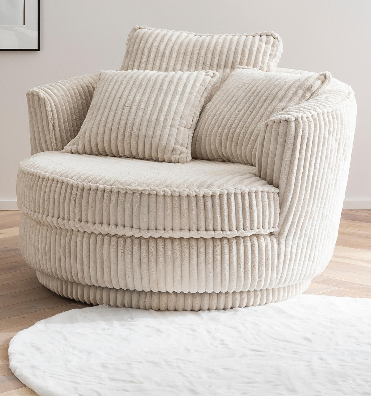 BIG-SESSEL Relaxsessel Mega Cord creme wollweiß Ø 120 cm 360° drehbar, inklusive 3x Kissen - Creme/Weiß, Holzwerkstoff/Textil (120/86/120cm) - Furn.Design
