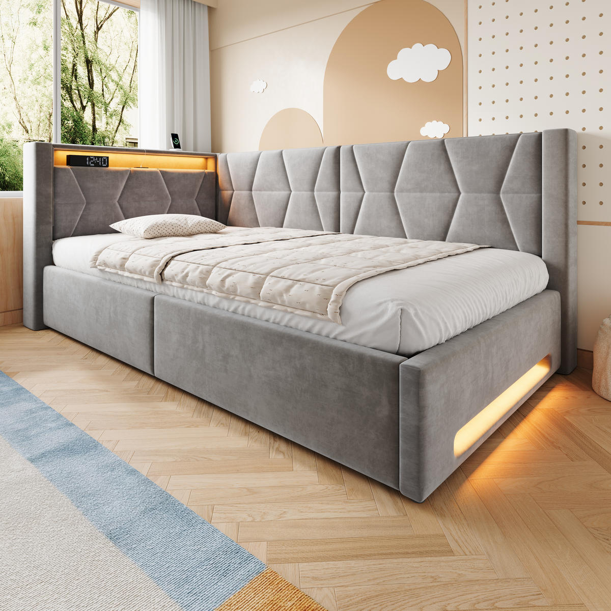 POLSTERBETT 90/200 cm in Dunkelgrau mit Bettkasten, LED, USB und Type-C, Samt und Metall - Grau, Holzwerkstoff/Textil (90/200cm) - STILVORA