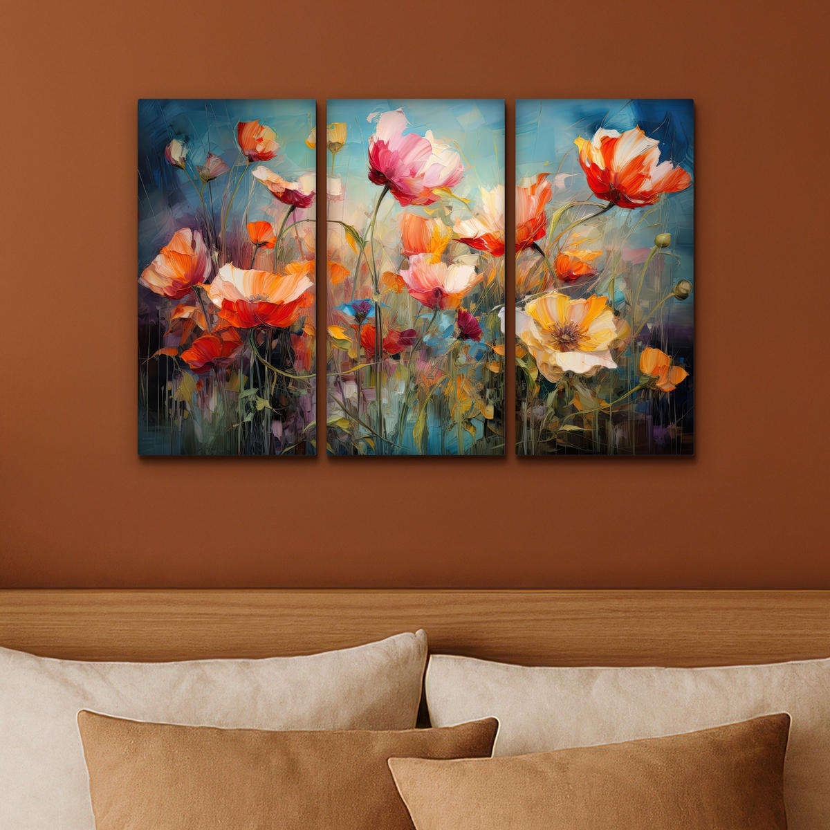LEINWANDBILD 3er Set Blumen - Bunt - Abstrakt 60x40 cm - Blaugrau, Textil (60/40cm) - MuchoWow