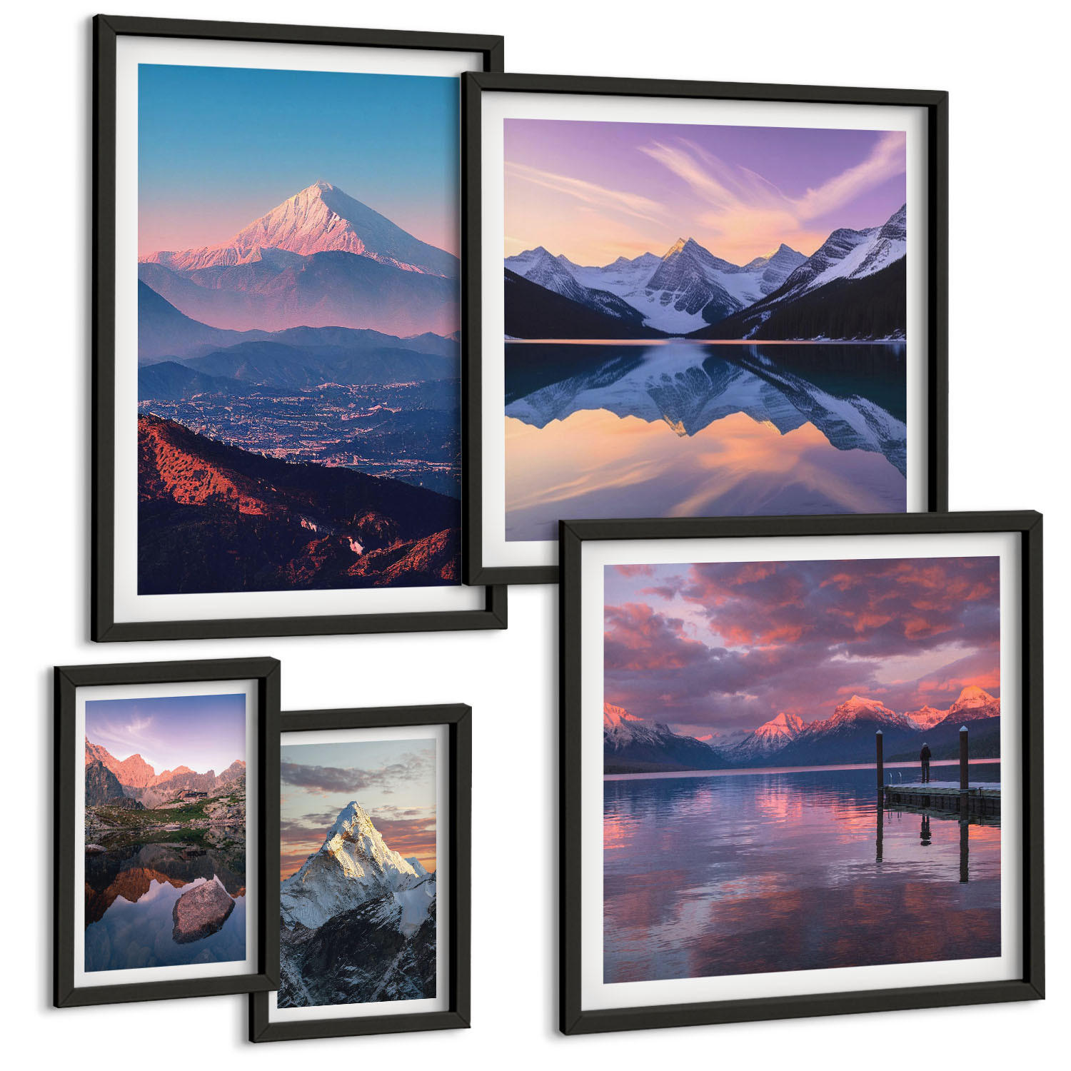 BILDER SET 5er Set - 50x50 cm & 20x30 cm & 40x60 cm Schwarzer Rahmen - Nachtstadt mit Neonlichtern - Schwarz, Kunststoff (40/60cm) - TULUP