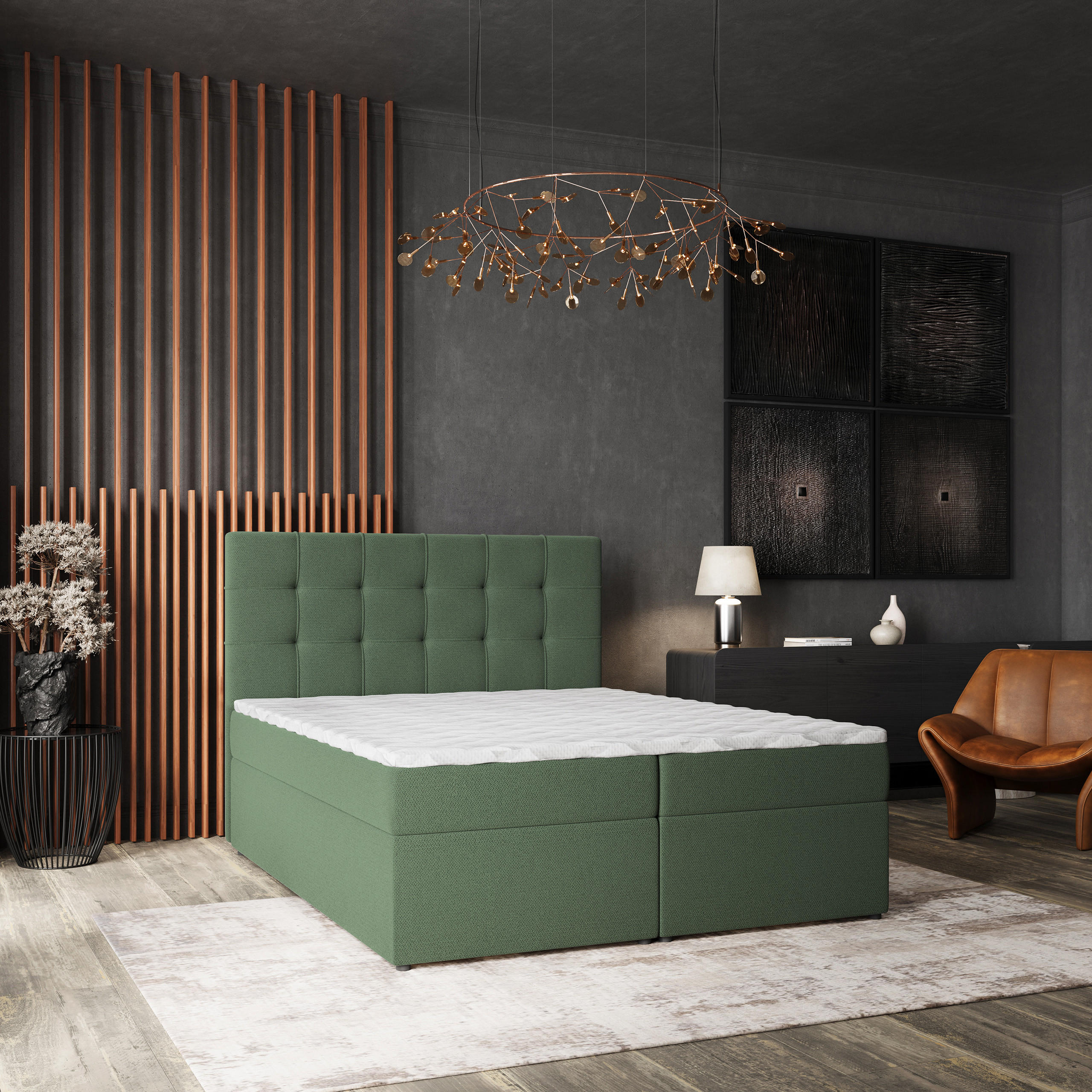 BOXBETT PALMA 180x200 cm mit Matratze und Topper, H2+H3 - Grün - Grün, Holz (180/200cm) - MASSENO