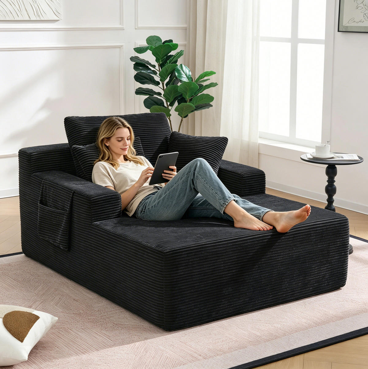 SOFA mit Seitentaschen und Kissen Cord Schwarz - Schwarz, Kunststoff (70/150/110cm) - Meubliv