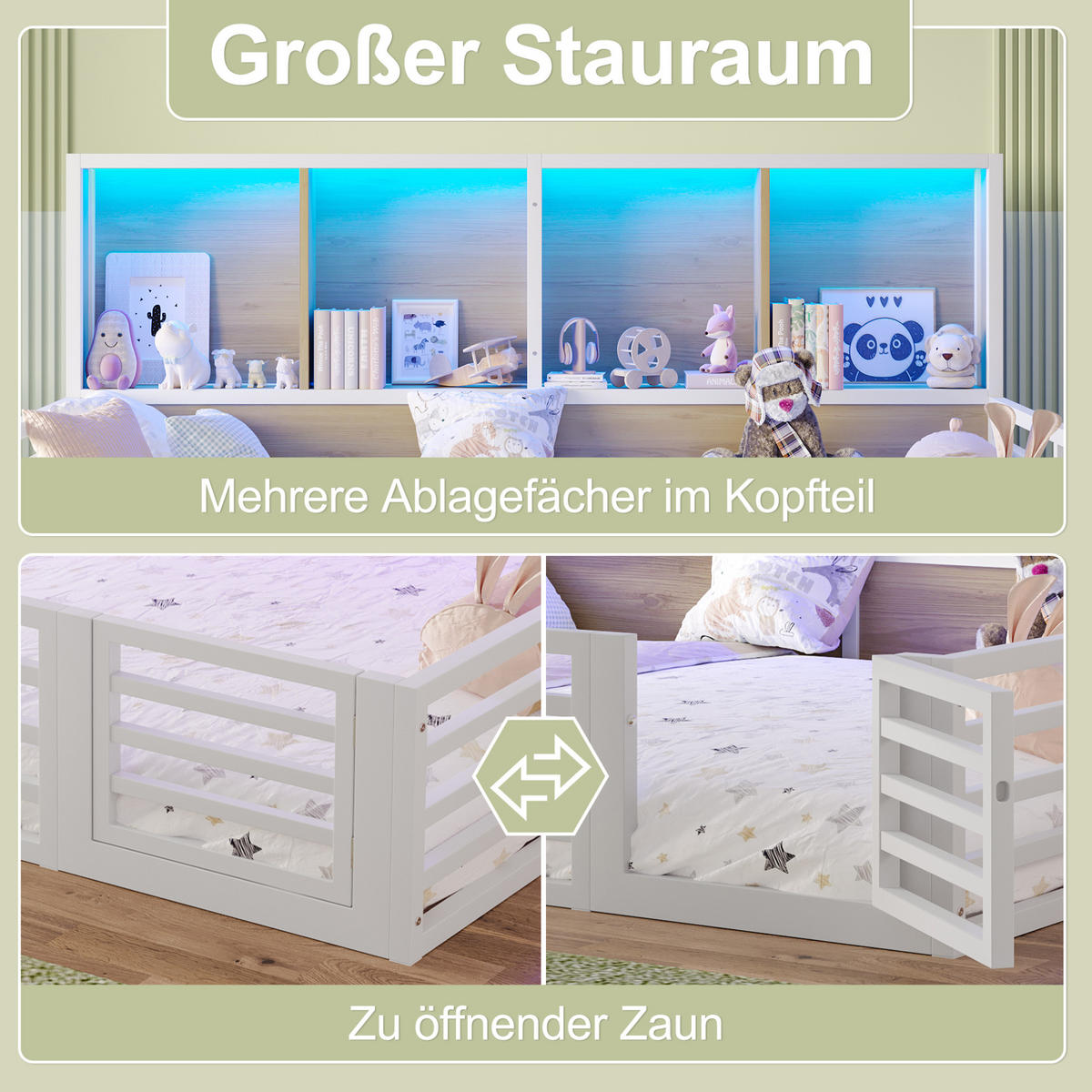 KINDERBETT Tagesbett 140/200 cm aus Metall und MDF mit Stauraumfächern und LED-Beleuchtung Weiß - Weiß, Holzwerkstoff (140/200cm) - Modenvie