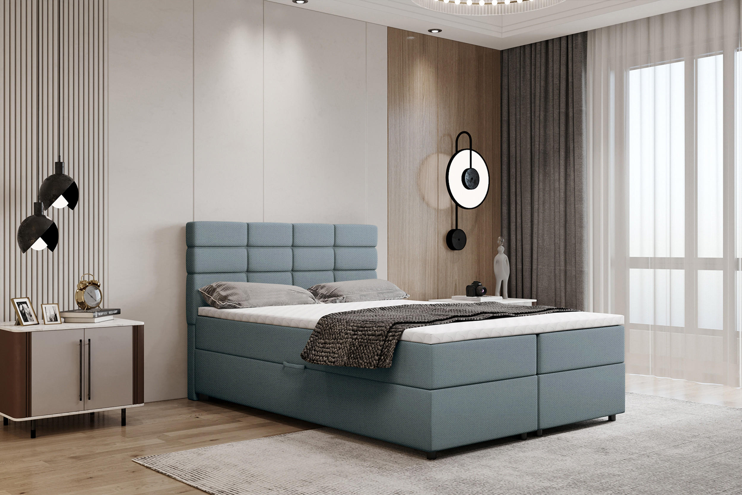 BOXBETT Reve 140 x 200 cm mit Bettkasten und Lattenrost ohne matratze - hellblau - Dunkelblau, Holz (140/200cm) - Panda Möbel