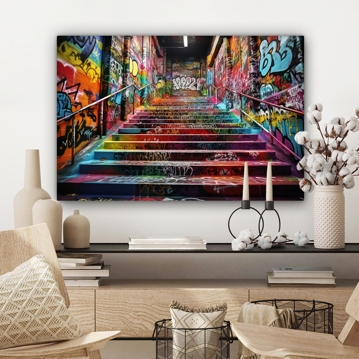 LEINWANDBILD Treppe - Graffiti - Farben - Kunst Gemälde 60x40 cm - Multicolor, Textil (60/40cm) - MuchoWow