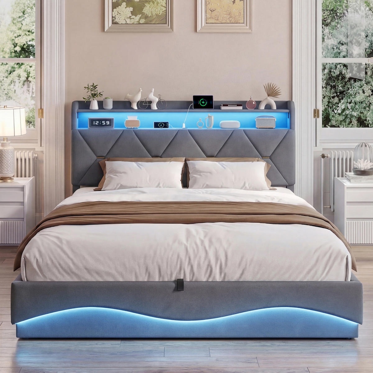 POLSTERBETT 160x200 cm mit hydraulischem Stauraum, Stauraumkopf, RGB-LED, USB-/Typ-C, Samtstoff in Grau - Grau, Holz (160/200cm) - BRILVERDE