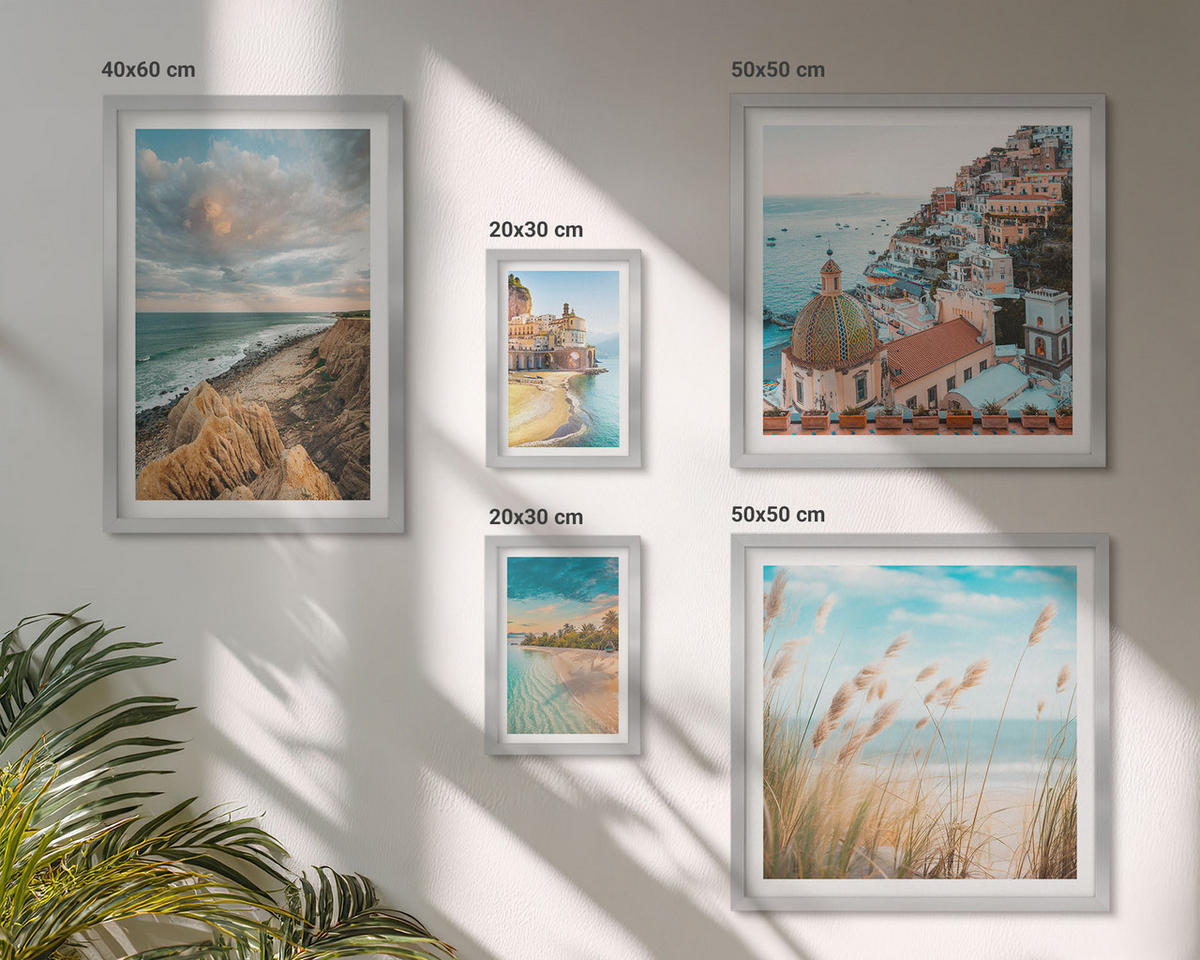 BILDER SET 5er Set - 50x50 cm & 20x30 cm & 40x60 cm Silberner Rahmen - Landschaften Strand Stadt Klippen - Silberfarben, Kunststoff (40/60cm) - TULUP