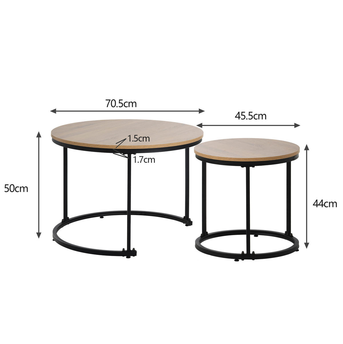2ER Set runde Couchtische, groß & klein, MDF in Eichefarben, Metallrahmen, 50/70,5 + 45,5/44 cm,Eichefarben - Eichefarben, Holzwerkstoff (70.5/70.5/50cm) - Redom