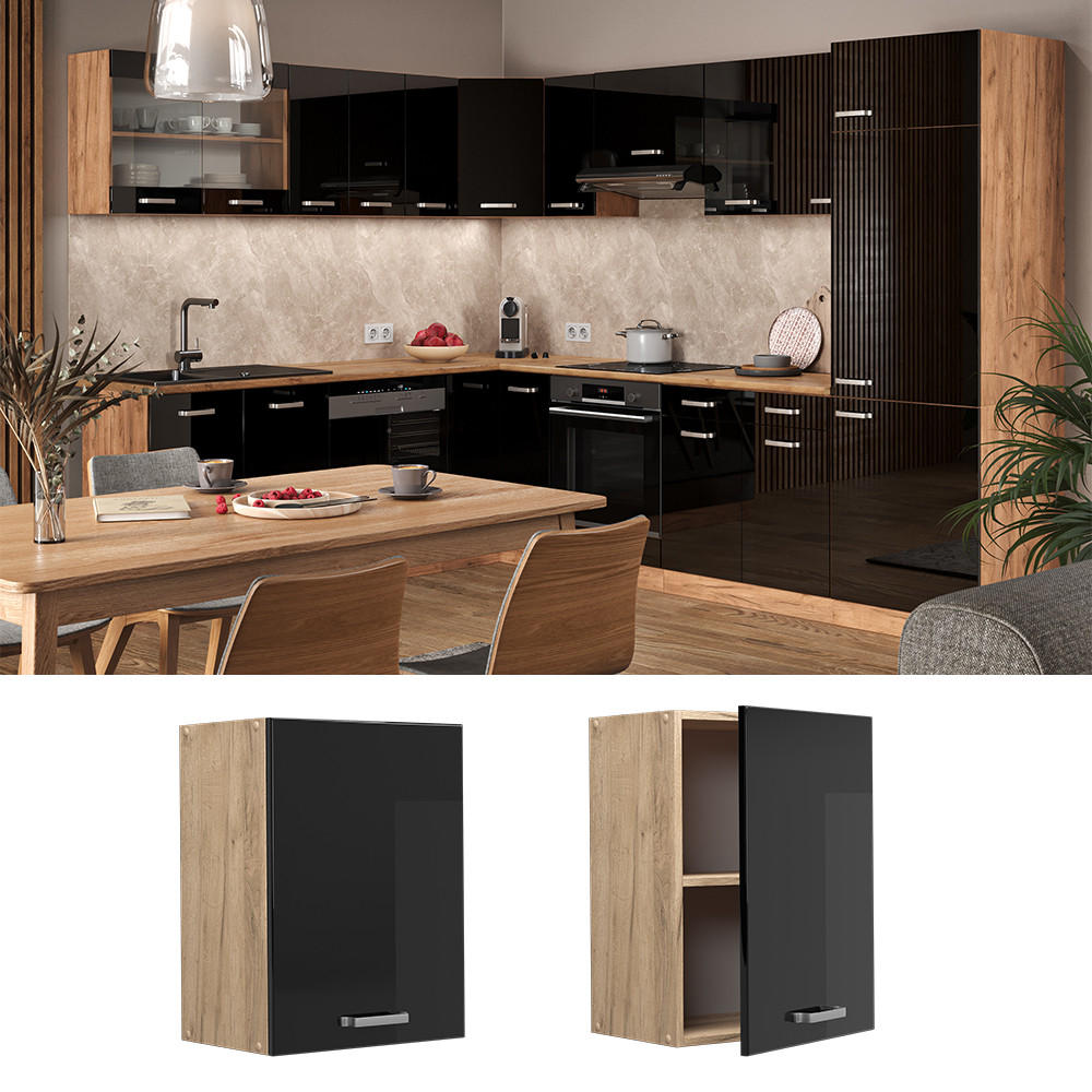 HÄNGESCHRANK R-Line Schwarz Hochglanz 45 cm - Schwarz Hochglanz/Eiche Wotan, Holzwerkstoff (45/60/31cm) - Vicco