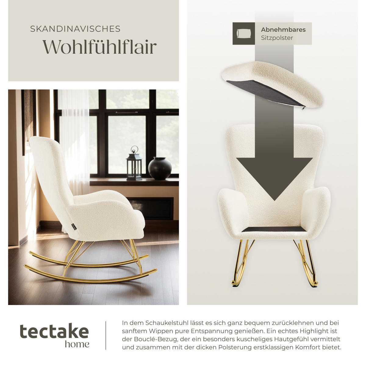SCHAUKELSTUHL Swing,70 x 93 x 100 cm, Belastbarkeit 120 kg,creme/gold - Goldfarben/Creme, Kunststoff (70/100/93cm) - tectake