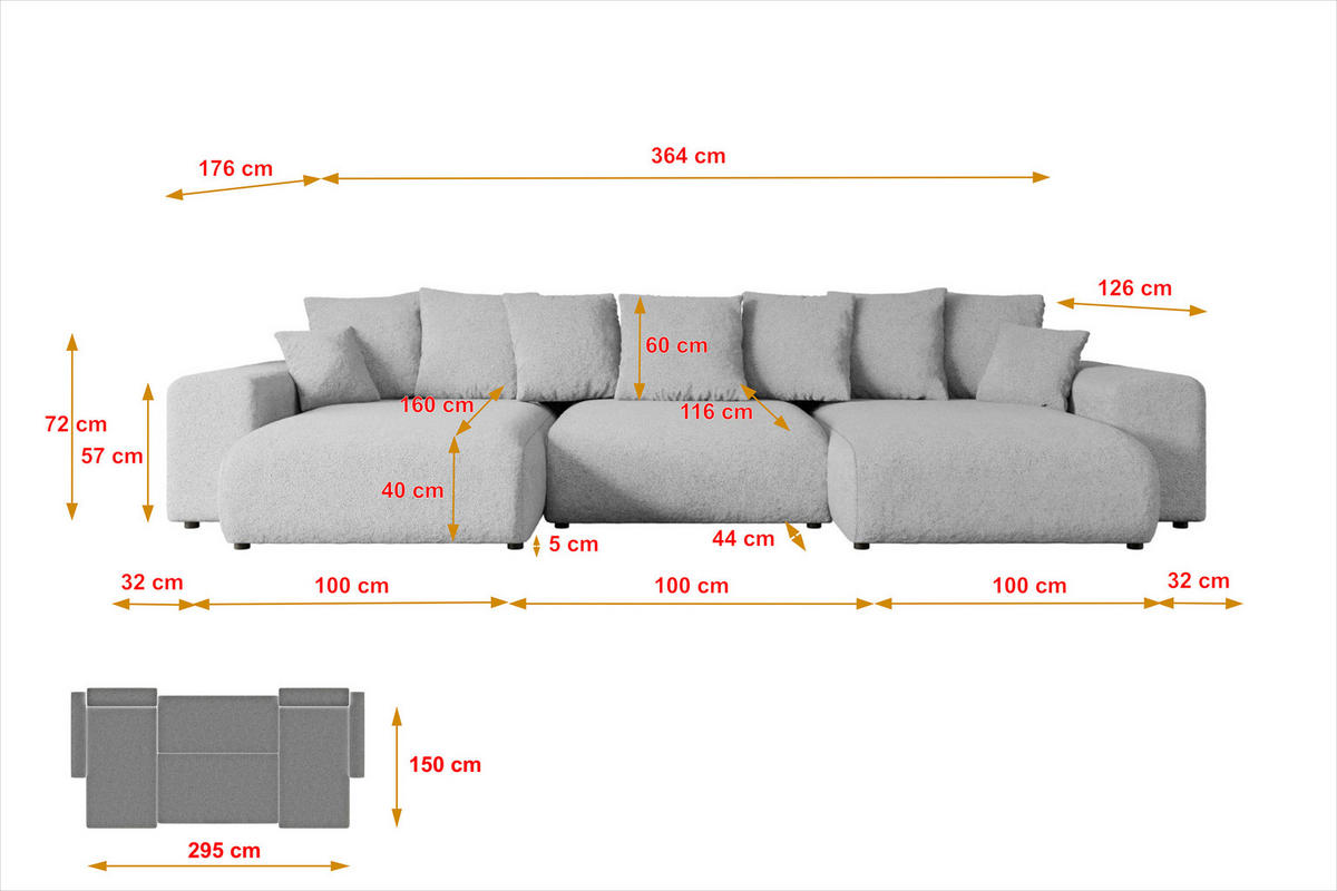 WOHNLANDSCHAFT mit Schlaffunktion ESKAR-U -364x176x72cm Grau Bouclé - Hellgrau/Schwarz, Holzwerkstoff/Kunststoff (364/72/176cm) - ALTDECOR