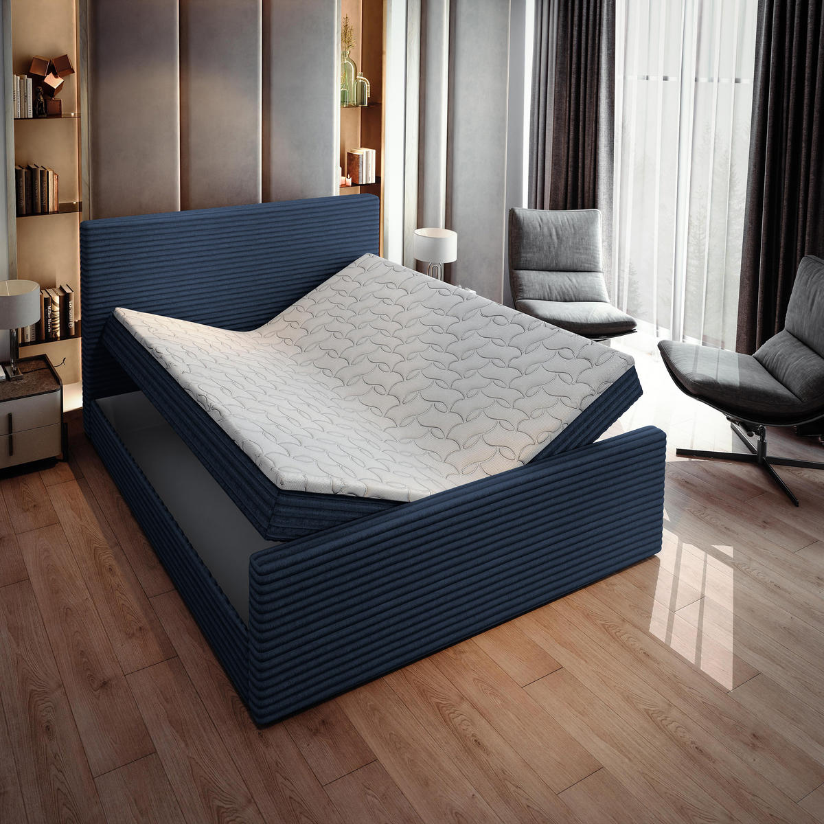 BOXBETT BRENTO 180x200 cm mit Matratze und Topper - Blau - Blau, Holz (180/200cm) - MASSENO