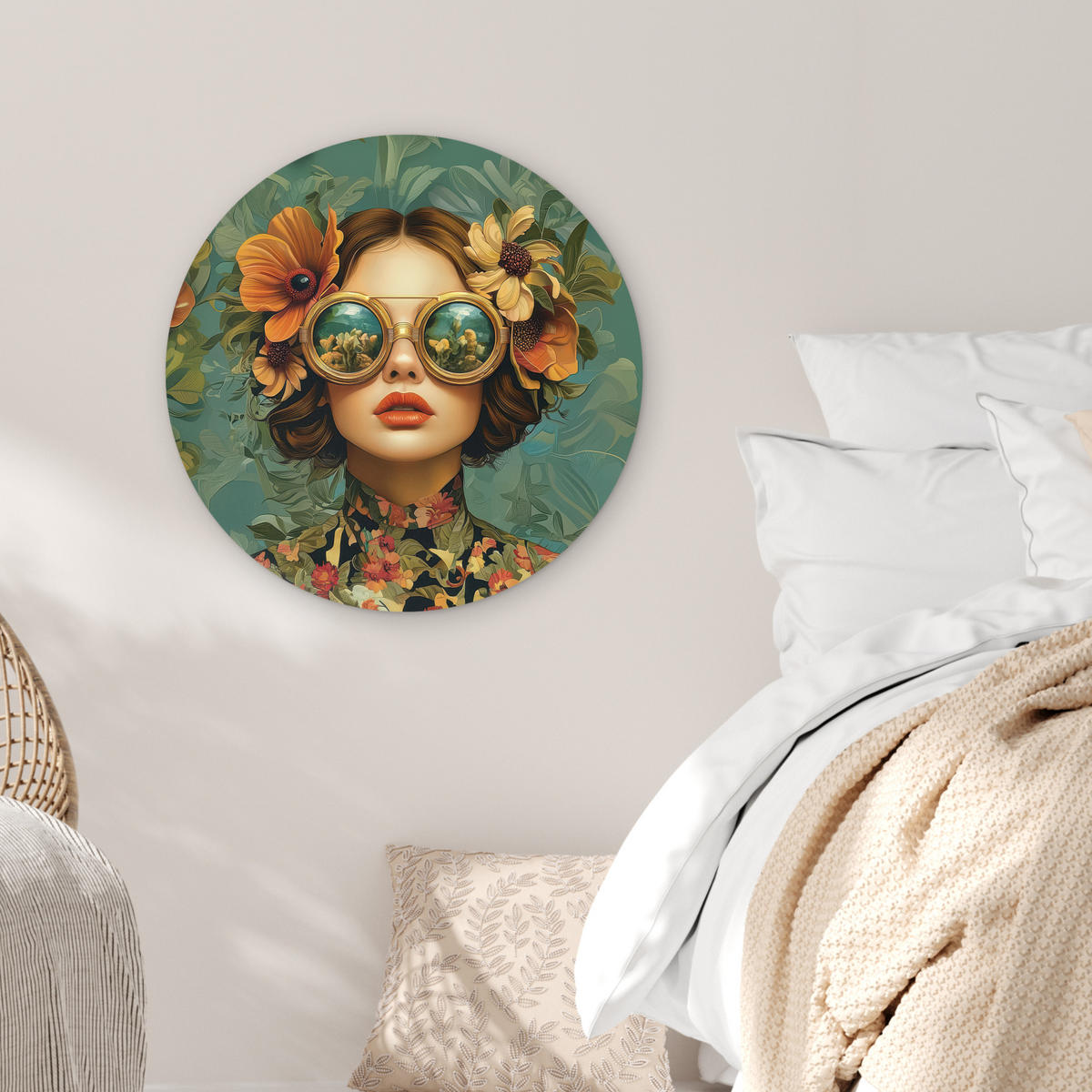 WANDBILD Frau - Blumen - Schmetterlinge - Natur - Vintage 60x60 cm - Petrol, Kunststoff (60/60cm) - MuchoWow
