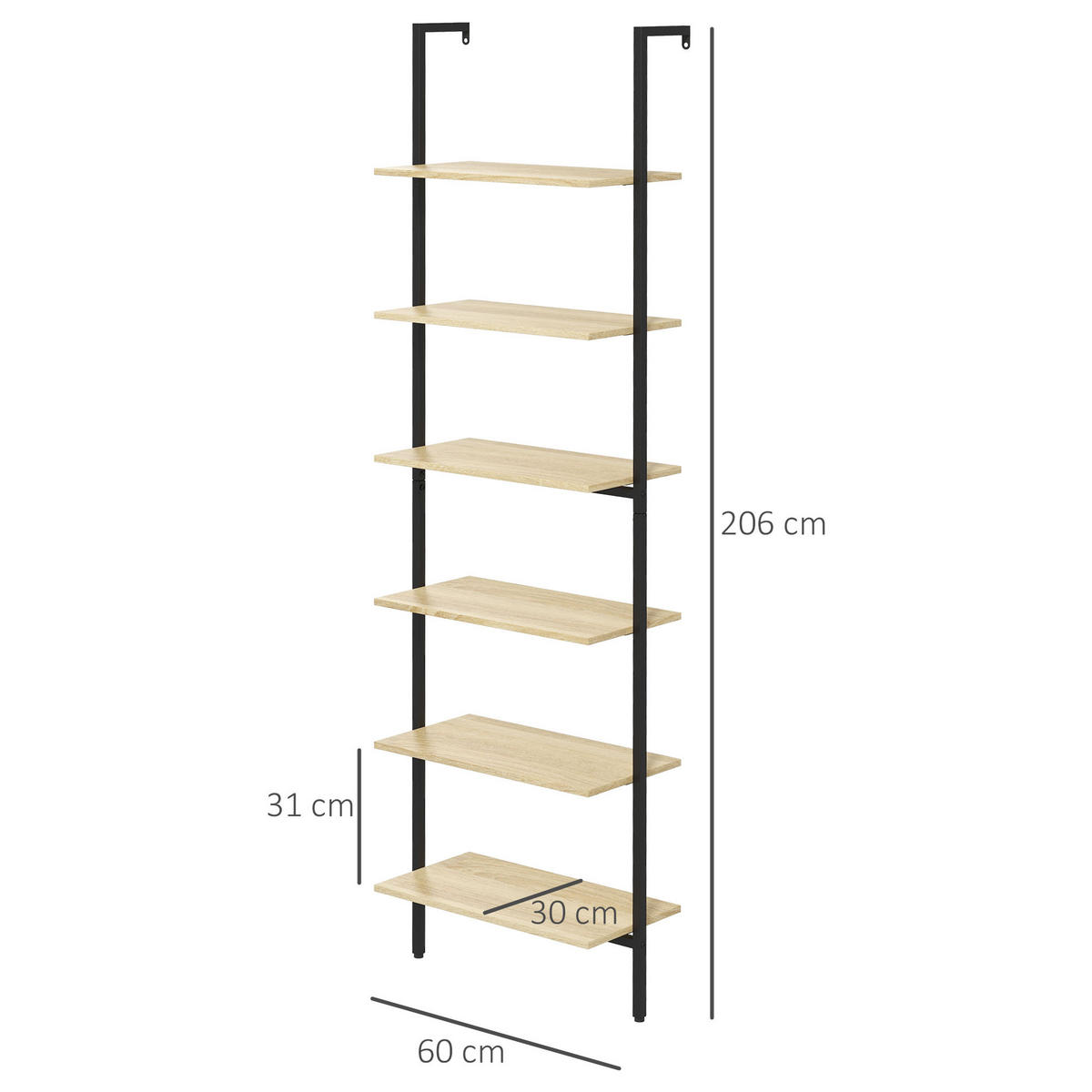 REGAL DE-15493 6-stufig, 60/30/206 cm Schwarz/Naturholz - Naturfarben, Holzwerkstoff (60/206/30cm) - ComfortXL