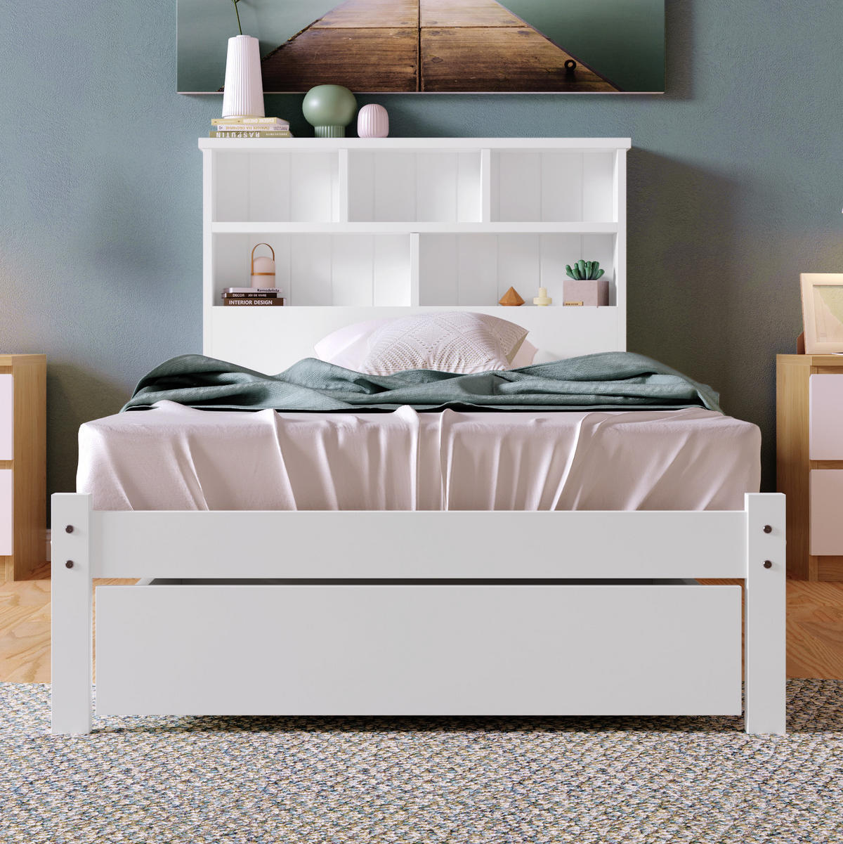BETT 90/200 cm in Weiß mit Schubladen und Regal Bücherregal-Design - Beige/Weiß, Holzwerkstoff (90/200cm) - STILVORA