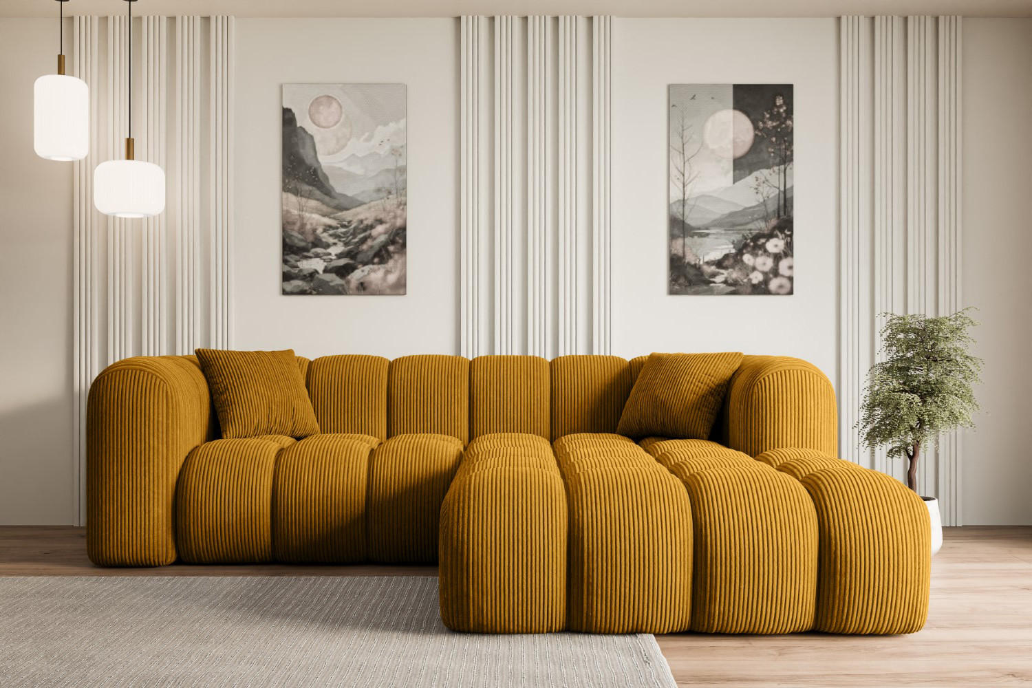 ECKSOFA Ottomane Rechts OLEA-L1 - 231x173x74 cm Senfgelb Cord - Gelb/Schwarz, Holzwerkstoff/Kunststoff (231/173cm) - ALTDECOR