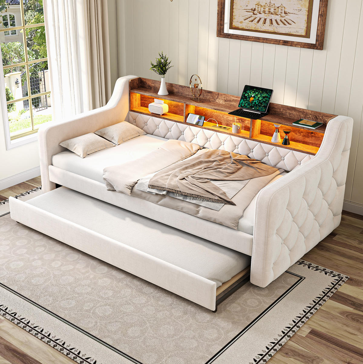 BETT 90/190 cm aus Samt mit Stauraum LED-Ambiente & USB-Type-C-Anschluss Beige - Beige, Textil (90/190cm) - OKWISH