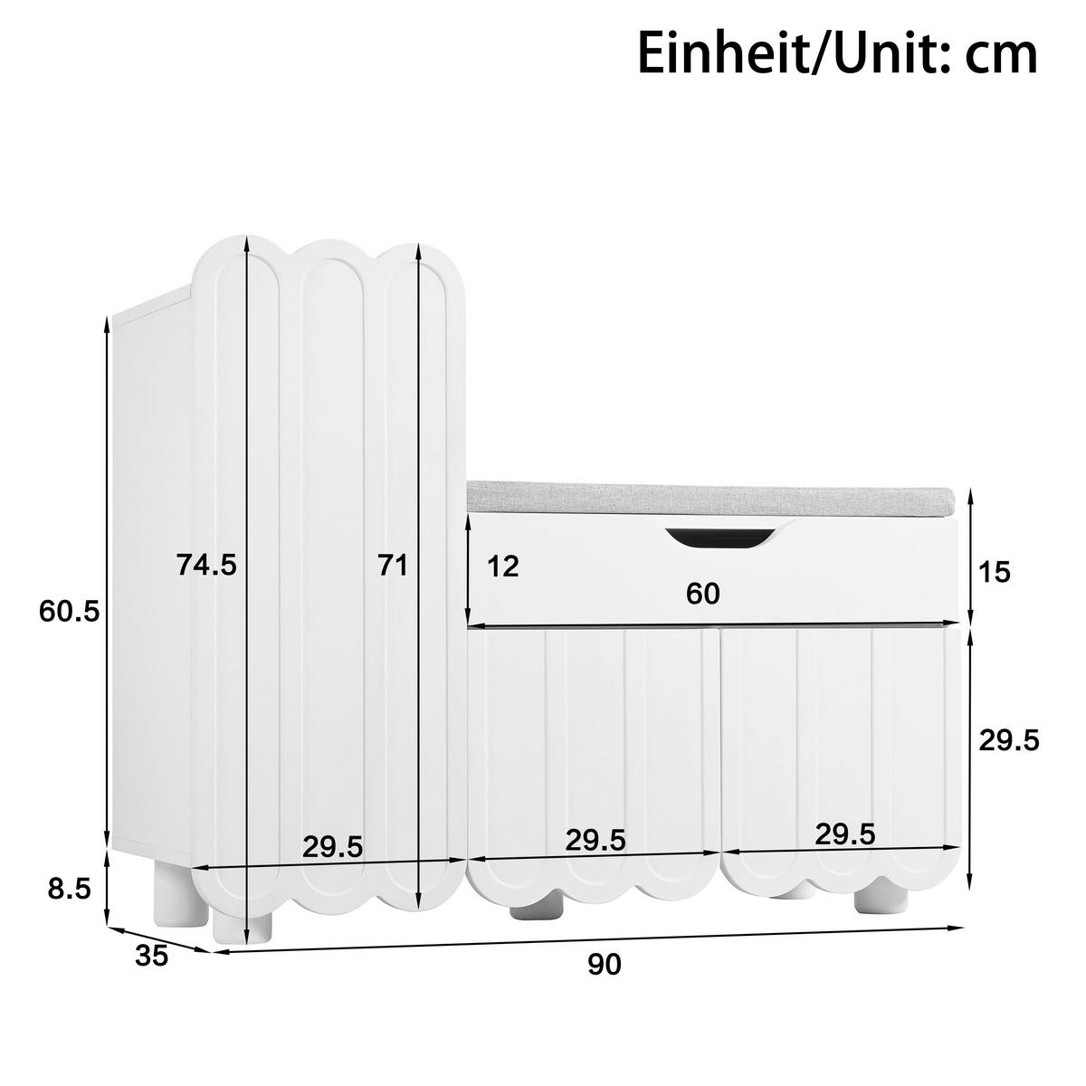 SCHUHSCHRANK 3 Türen Schublade Sitzpolster Weiß Platzsparend - Weiß, Holzwerkstoff (35/74.5/90cm) - FLIEKS