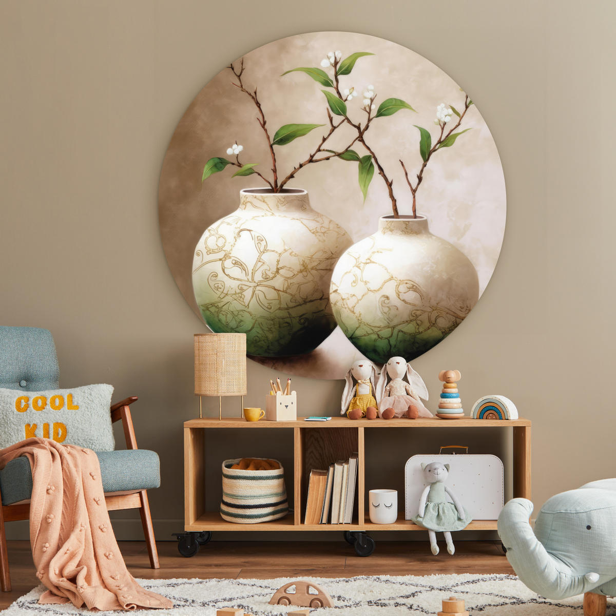 WANDBILD Blumen - Vase - Weiß - Botanisch - Beige 140x140 cm - Ecru, Kunststoff (140/140cm) - MuchoWow