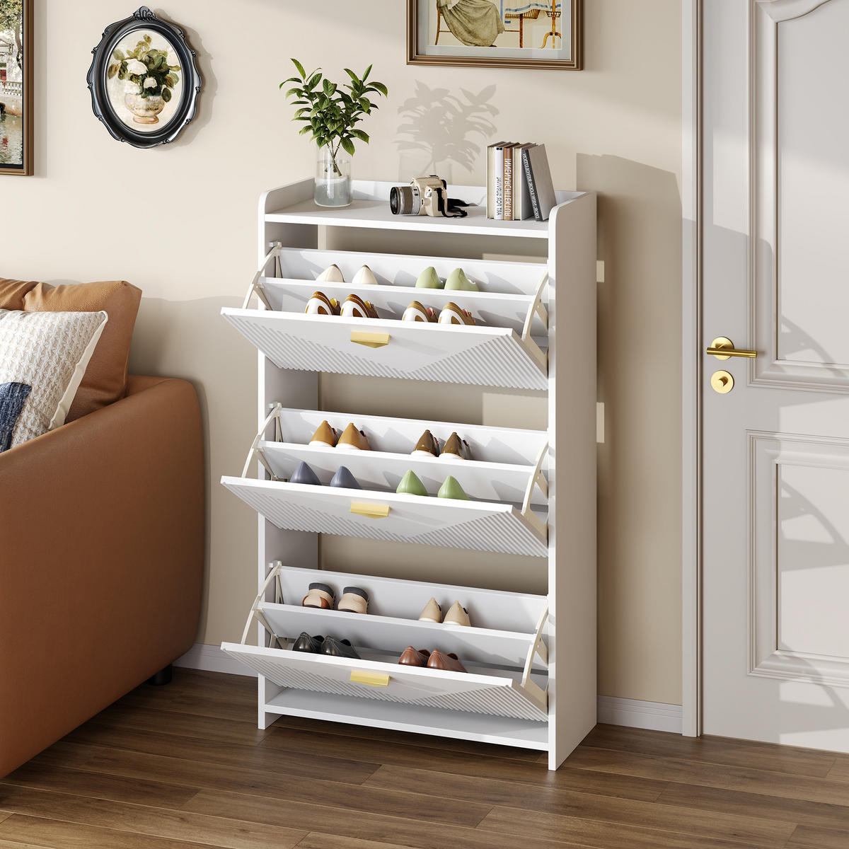 SCHUHSCHRANK in Weiß Schuhkommode mit 3 Klapptüren & 6 Schuhfächern, MDF, Vakuumformdesign, B70/T30/H120cm - Weiß, Holzwerkstoff (70/120/30cm) - STILVORA