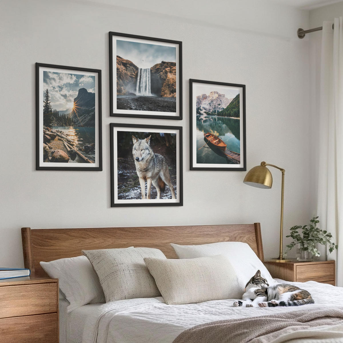 BILDER SET 4er Set - 50x50 cm & 40x60 cm Schwarzer Rahmen - Berge, Seen, Wasserfall, Wolf - Schwarz, Kunststoff (50/50cm) - TULUP