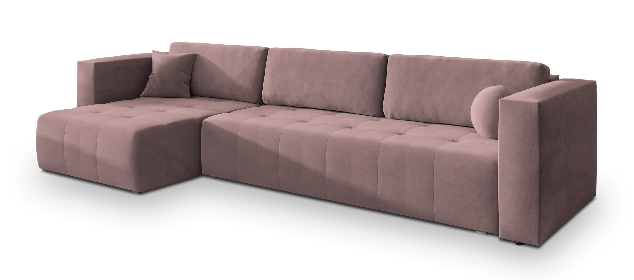 ECKSOFA OLVERA Rosa Plüsch-Stoff mit Schlaffunktion - Rosa, Holz (347/148cm) - MASSENO