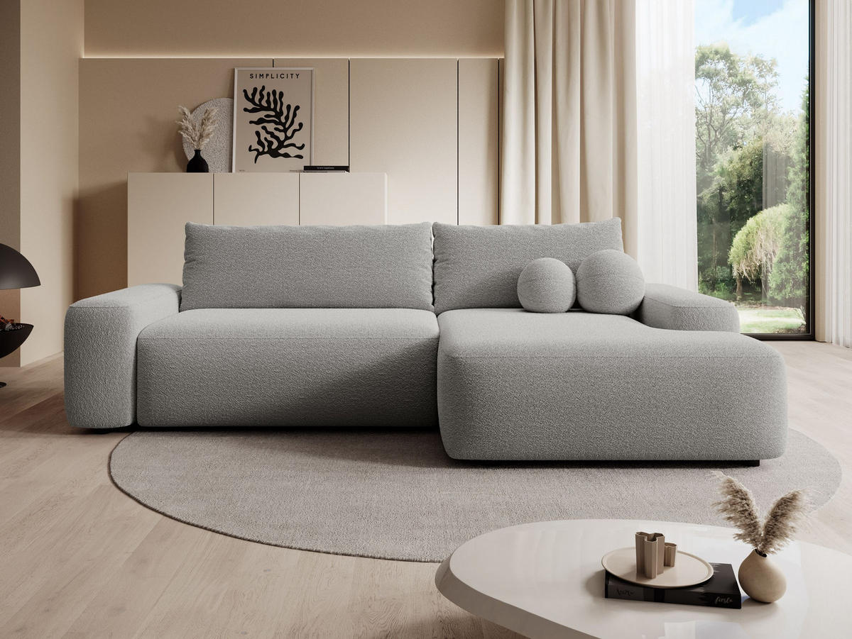 ECKSOFA RUOTA Grau Boucle-Stoff mit Schlaffunktion - Grau, Holz (264/162cm) - MASSENO