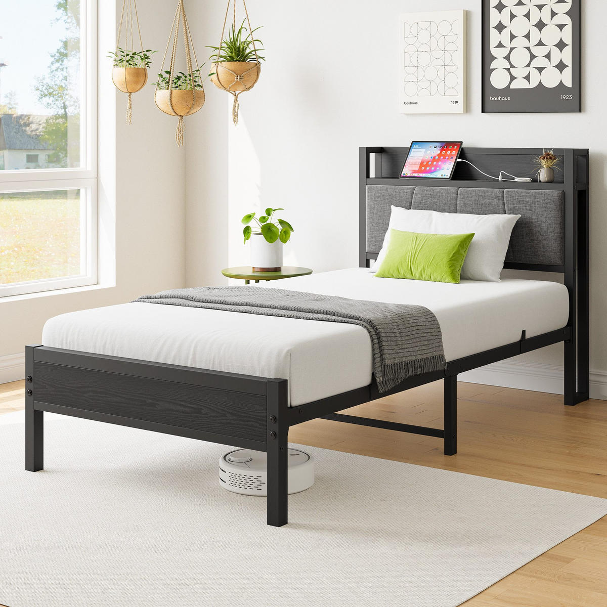 METALLBETT 90x200 cm Schwarz mit Steckdosen und USB-Ladeanschlüssen mit Stauraum-Kopfteil - Schwarz, Metall (90/200cm) - Modfu