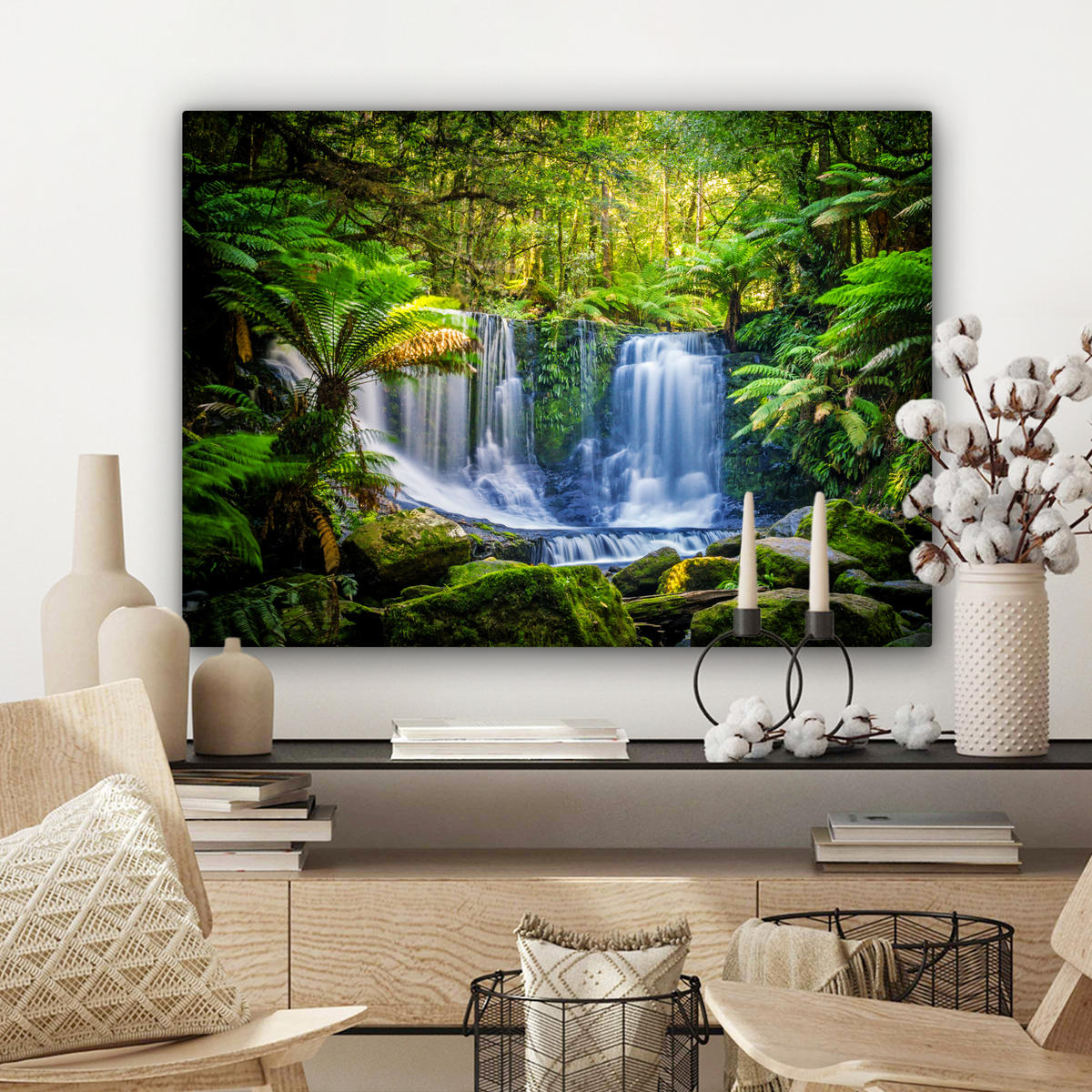 LEINWANDBILD Dschungel - Wasserfall - Australien - Pflanzen - Natur Wandbilder 80x60 cm - Dunkelgrün, Textil (80/60cm) - MuchoWow