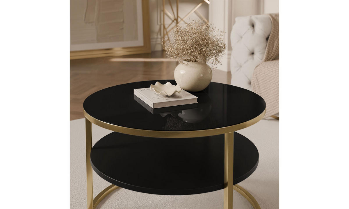 COUCHTISCH CIRI SLIM GLASS Ø60/40 cm gebürstetes Gold / schwarzes Glas - Goldfarben/Schwarz, Glas/Holzwerkstoff (60/60/40cm) - Lookway