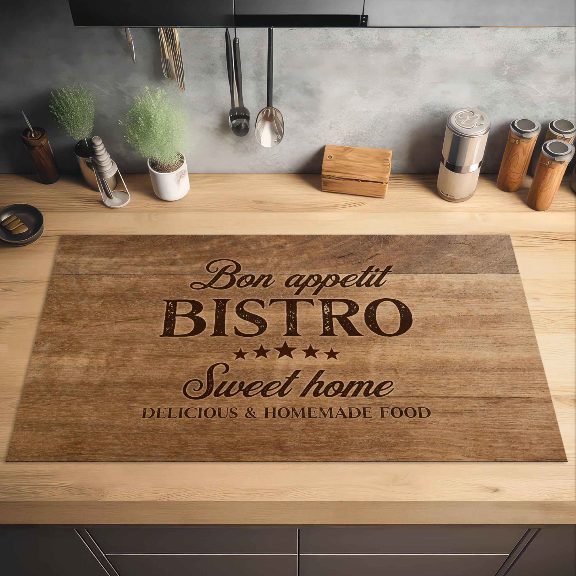 HERDABDECKPLATTE Zitat - Bistro - Guten Appetit - Süßes Zuhause - Holzmaserung 91x52 cm - Braun, Kunststoff (91.6/0.2/52.7cm) - MuchoWow
