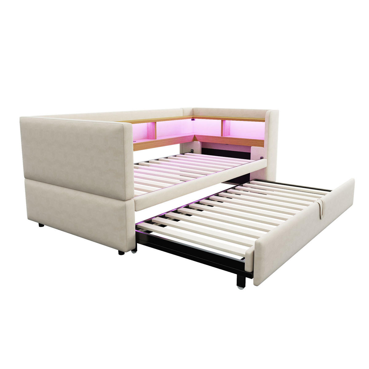 AUSZIEHBETT 90/180/190 cm DE-01990, in Beige, mit LED, Steckdosen und Staufächern - Beige, Metall (90/190cm) - ComfortXL