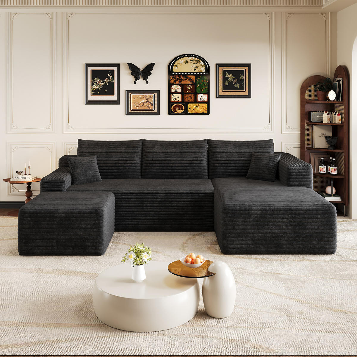 WOHNLANDSCHAFT Cord Schwarz ohne Montage - Schwarz, Textil (241/58/151cm) - WISHDOR