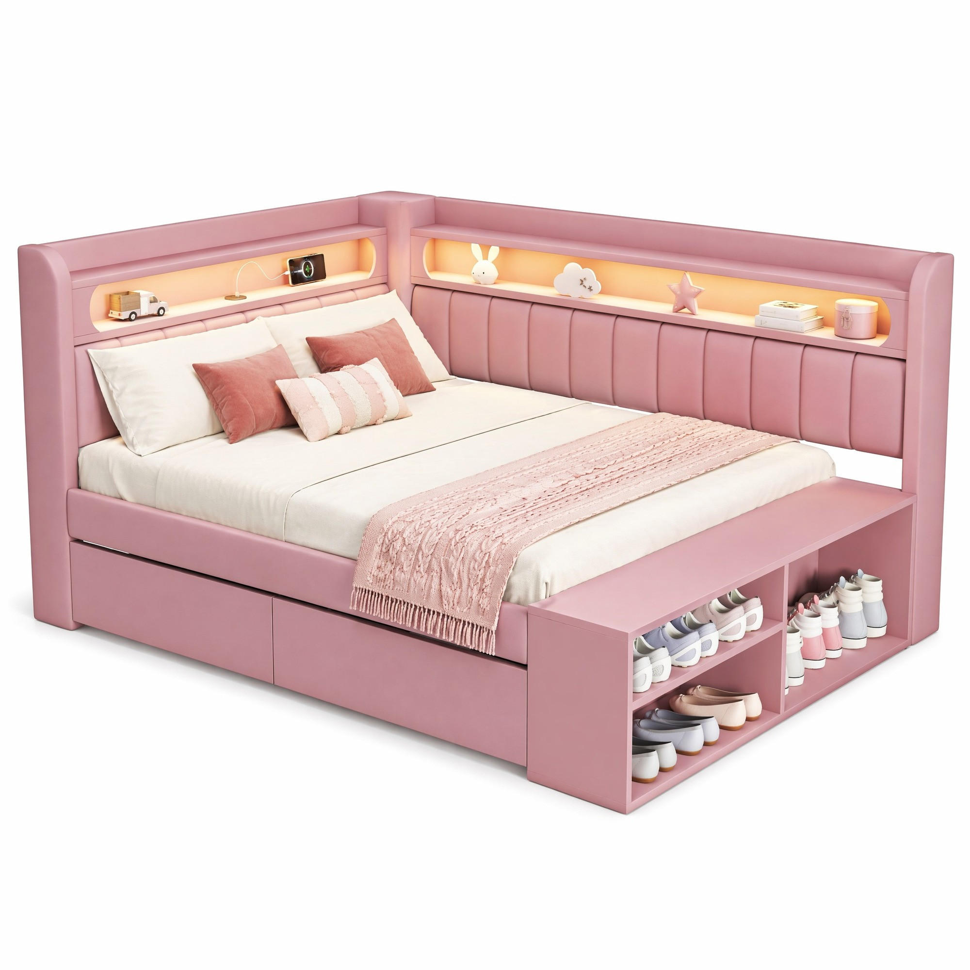 JUGENDBETT 90/200 mit LED, USB, 2 Schubladen und Schuhschrank in Rosa - Rosa, Holzwerkstoff/Textil (90/200cm) - EVRYAE