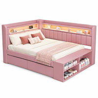 JUGENDBETT 90/200 mit LED, USB, 2 Schubladen und Schuhschrank in Rosa - Rosa, Holzwerkstoff/Textil (90/200cm) - EVRYAE