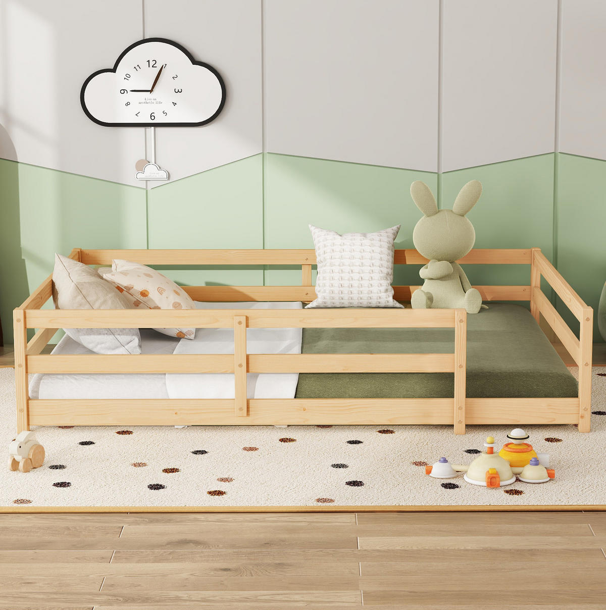 KINDERBETT 140/200 cm mit 4-Seiten-Umrandung und Lattenrost, niedriger Einstieg ohne Matratze - Naturfarben, Holz (140/200cm) - MIVRAY