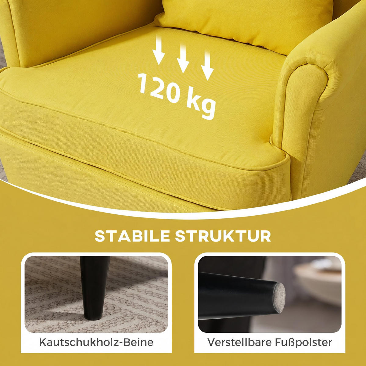 OHRENSESSEL-MIT-HOCKER 2er Set Polyester Schaumstoff Gelb - Gelb/Schwarz, Holz/Textil (75/104/83cm) - HOMCOM