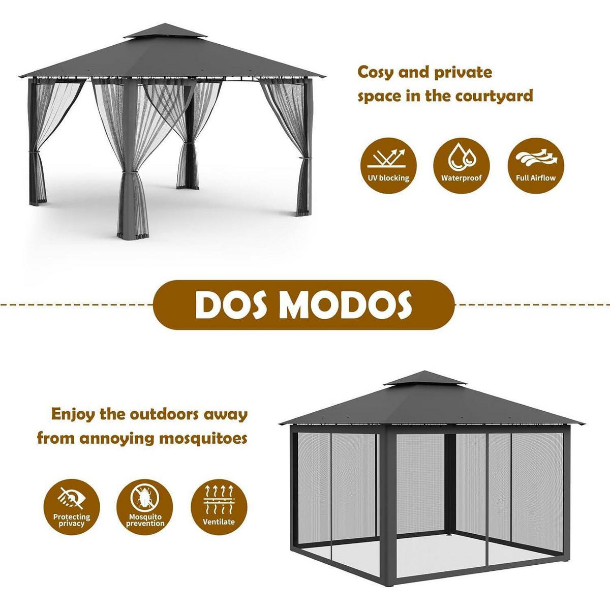 GARTENPAVILLON 2.8 x 2.8M Grau Wasserdicht mit Moskitonetz - Grau, Metall (275/275/275cm)