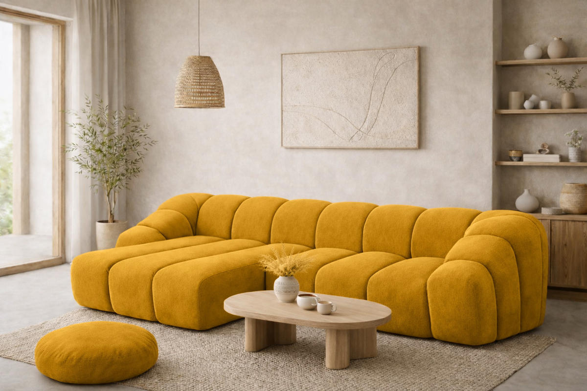 ECKSOFA Modulare L-Form, Veloursstoff Bluvel, Golden, Links, CROISSANT L - Goldfarben, Holz (305/190cm) - Kaiser Möbel