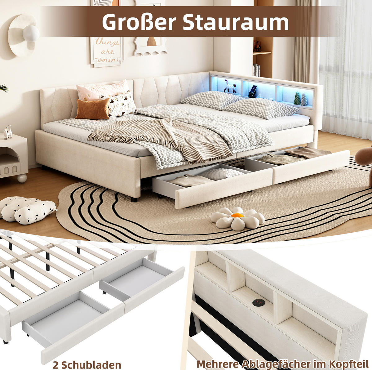 POLSTERBETT 140/200 cm aus Leinen mit LED-Beleuchtung und 2 Schubladen - Beige, Textil (140/200cm) - Flora Grace