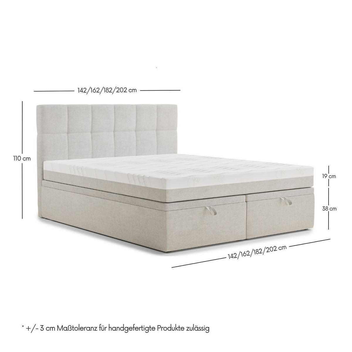 BOXBETT 160/200 cm Gotu M, in Hellblau, Matratze, gepolstertes Kopfteil, Bettkasten, H3 = fest - Schwarz/Hellblau, Holz/Holzwerkstoff (160/200cm) - Maison de Reve