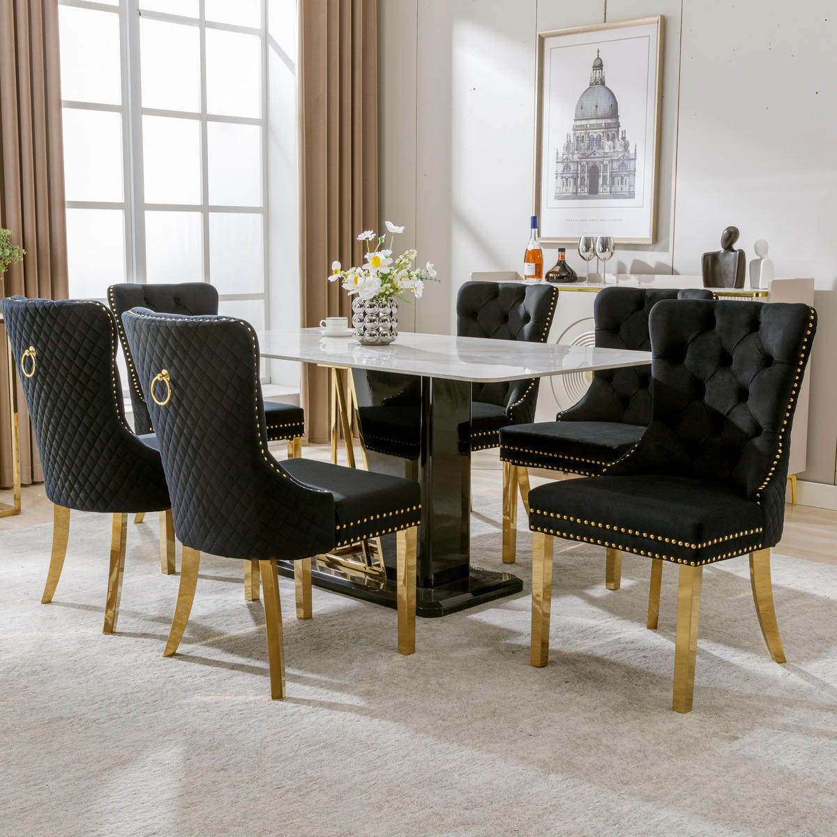 WOHNZIMMER STÜHLE mit Zugringen, Nagelkopfbesatz und Samtbezug Schwarz/Gold - Schwarz, Textil (51/95/65.5cm) - EVRYAE