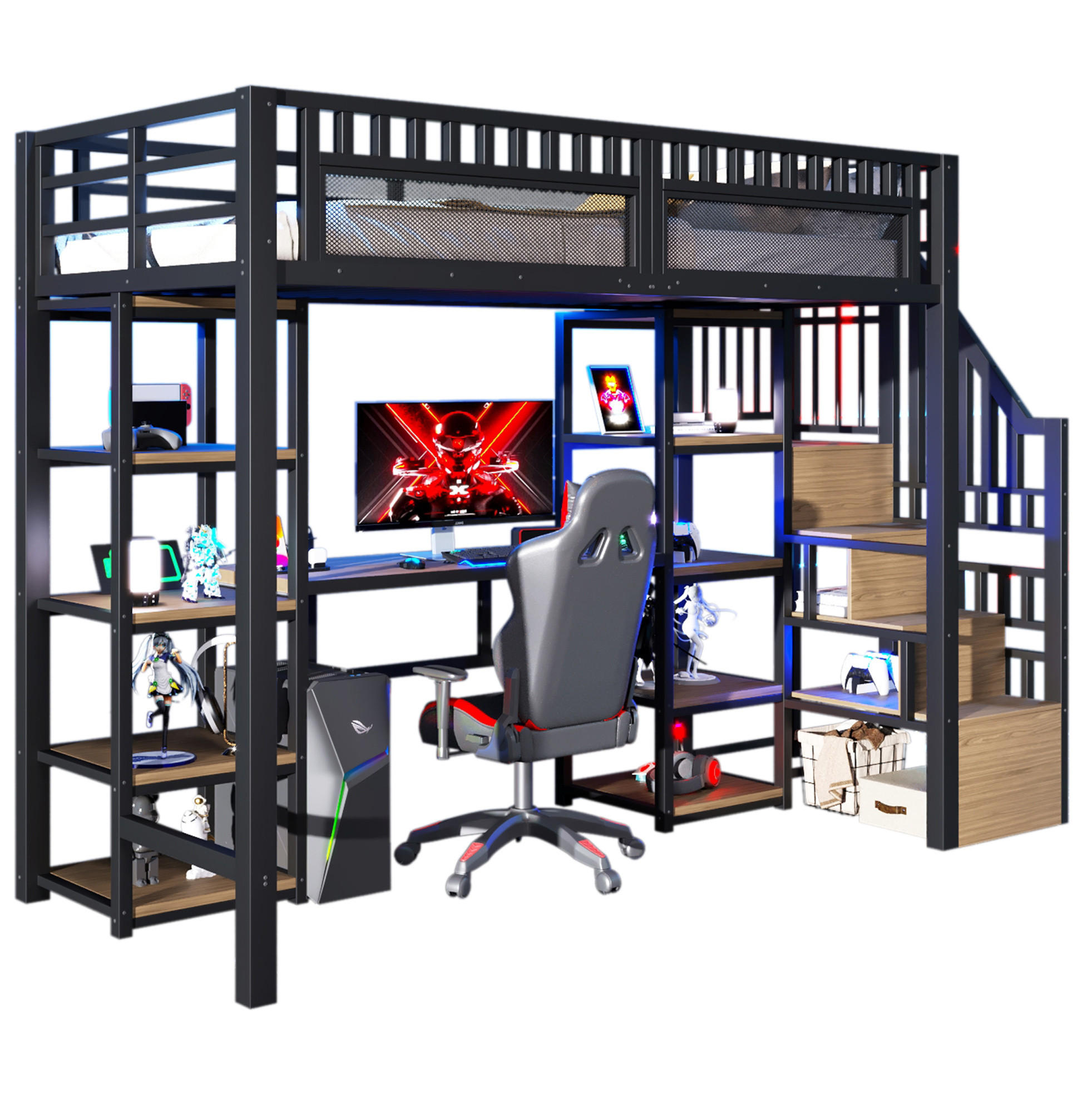 HOCHBETT 90/200 cm mit Schreibtisch, LED-Lichtleiste, USB-Anschluss und Stauraumleiter, Metall/MDF, Schwarz - Schwarz, Metall (90/200cm) - Redom