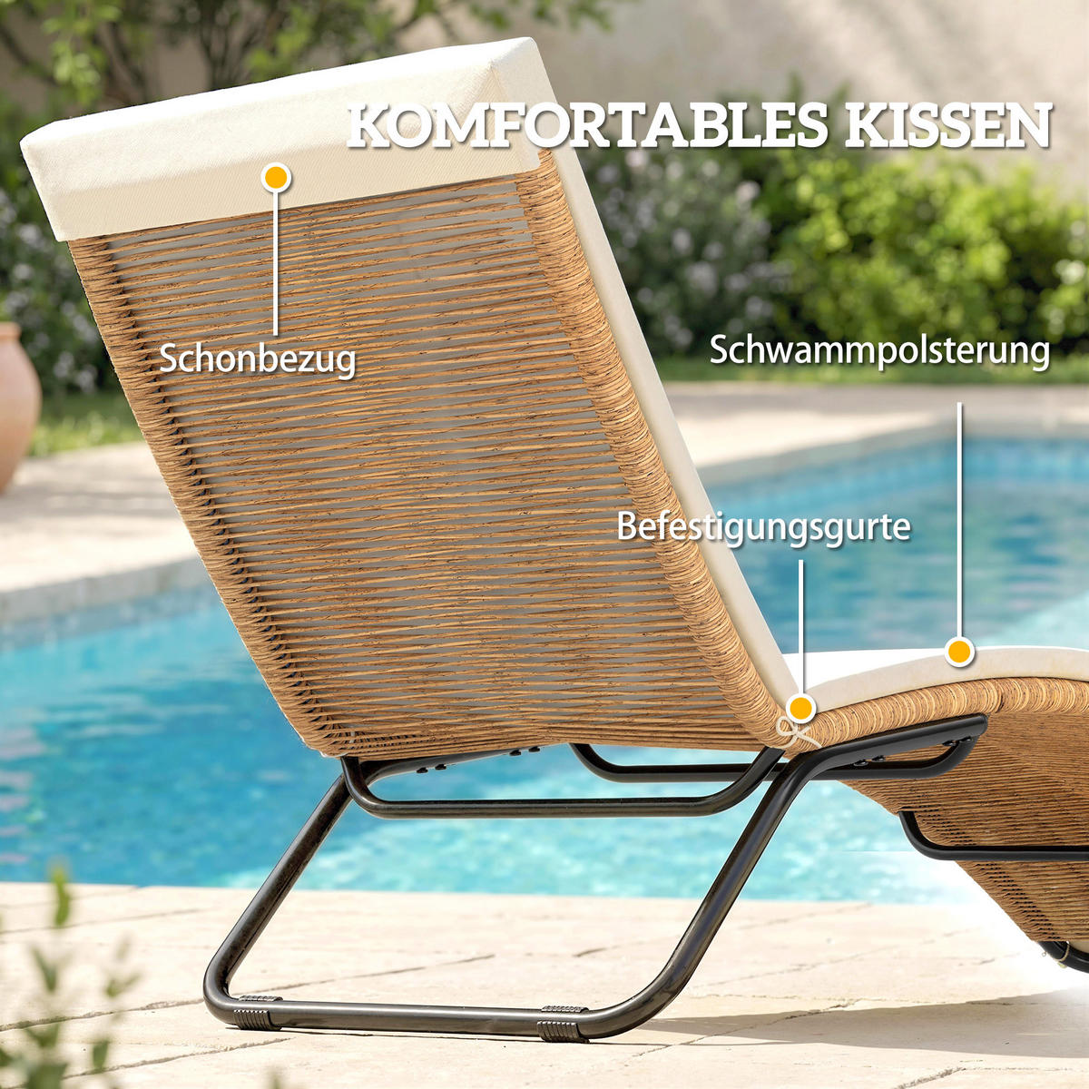 RATTAN-SONNENLIEGE Stahl PE-Rattan Cremeweiß - Creme/Schwarz, Textil/Metall (57/80/175cm) - Outsunny