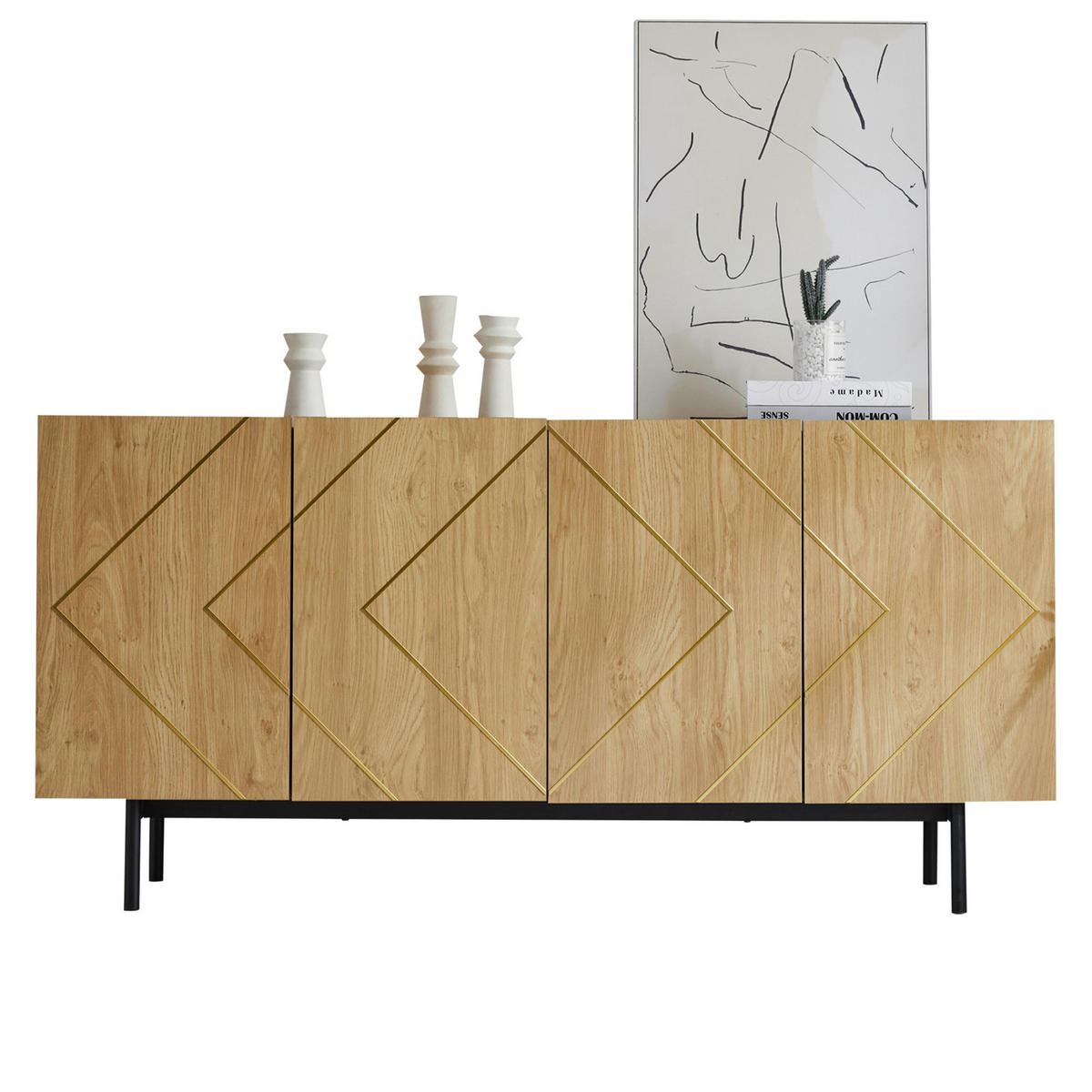 SIDEBOARD 160x40x78 cm mit 4 Türen und Metall-Inlay, Natur - Naturfarben, Holzwerkstoff (160/78/40cm)