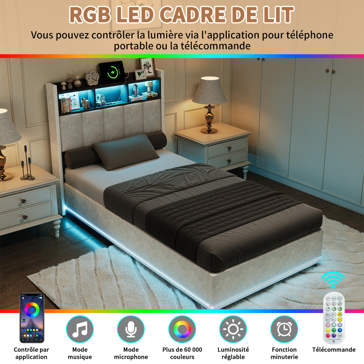 POLSTERBETT 90x200 cm LED Ablagefach Samt weiß - Weiß, Holz (90/200cm) - LEBENLANG