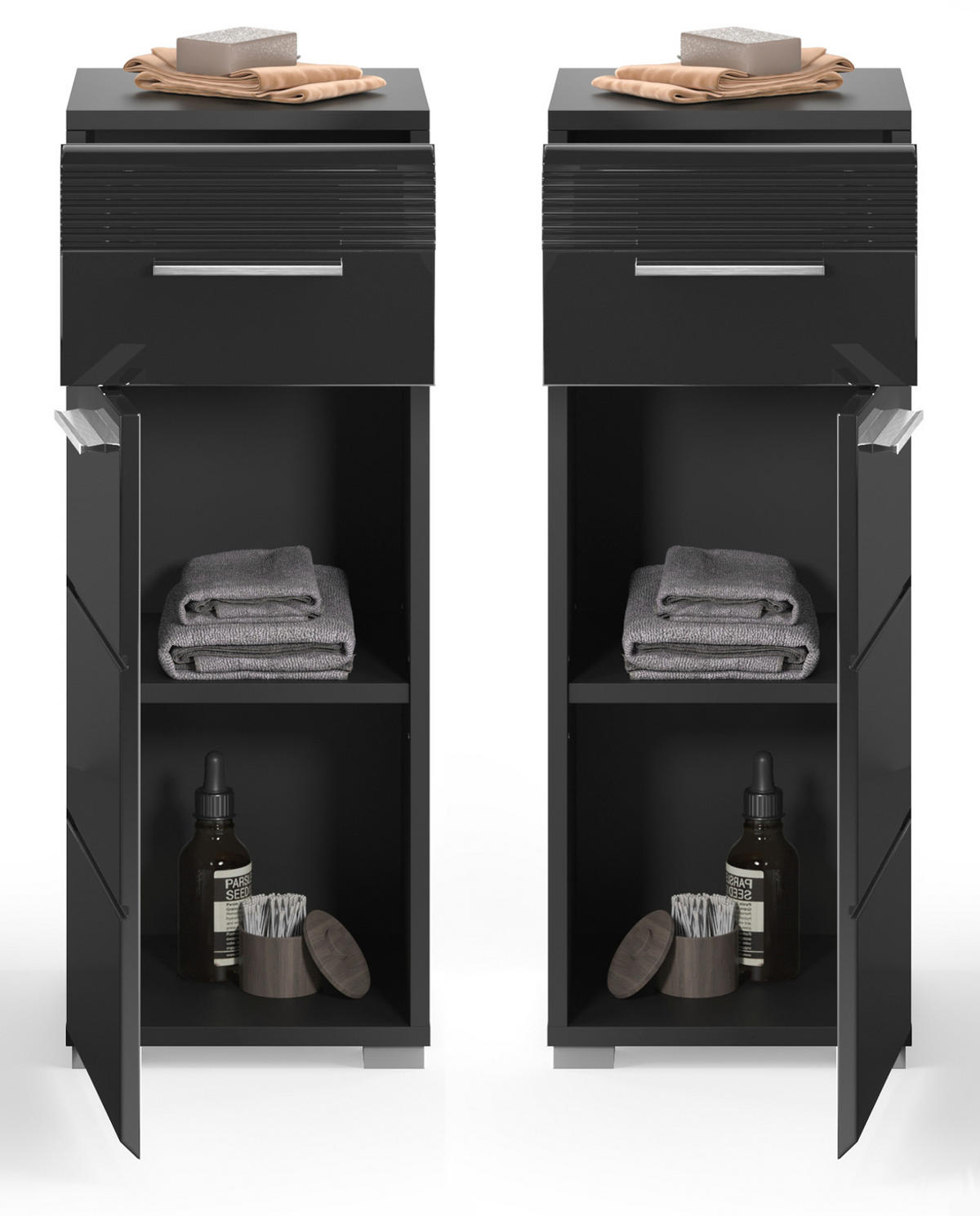 UNTERSCHRANK schwarz Hochglanz 30 cm, Badschrank mit Vollauszug - Schwarz Hochglanz/Silberfarben, Holzwerkstoff/Kunststoff (30/79/31cm) - Inn.Furn