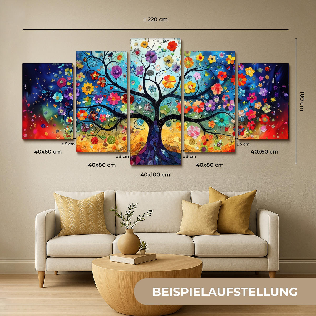OBRAZ NA PLÁTNĚ 5dílná sada Barevné - Strom života - Květiny - Abstraktní 200x100 cm - modrá, textil (200/100cm) - MuchoWow