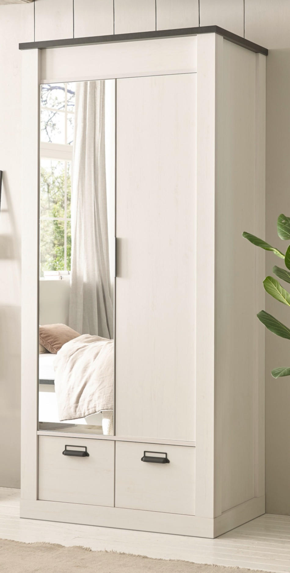 KLEIDERSCHRANK weiß Pinie, anthrazit Landhaus, Drehtürenschrank 2-türig mit Spiegel 93 x 209 cm - Anthrazit/Weiß, Holzwerkstoff/Metall (93/209/63cm) - Furn.Design