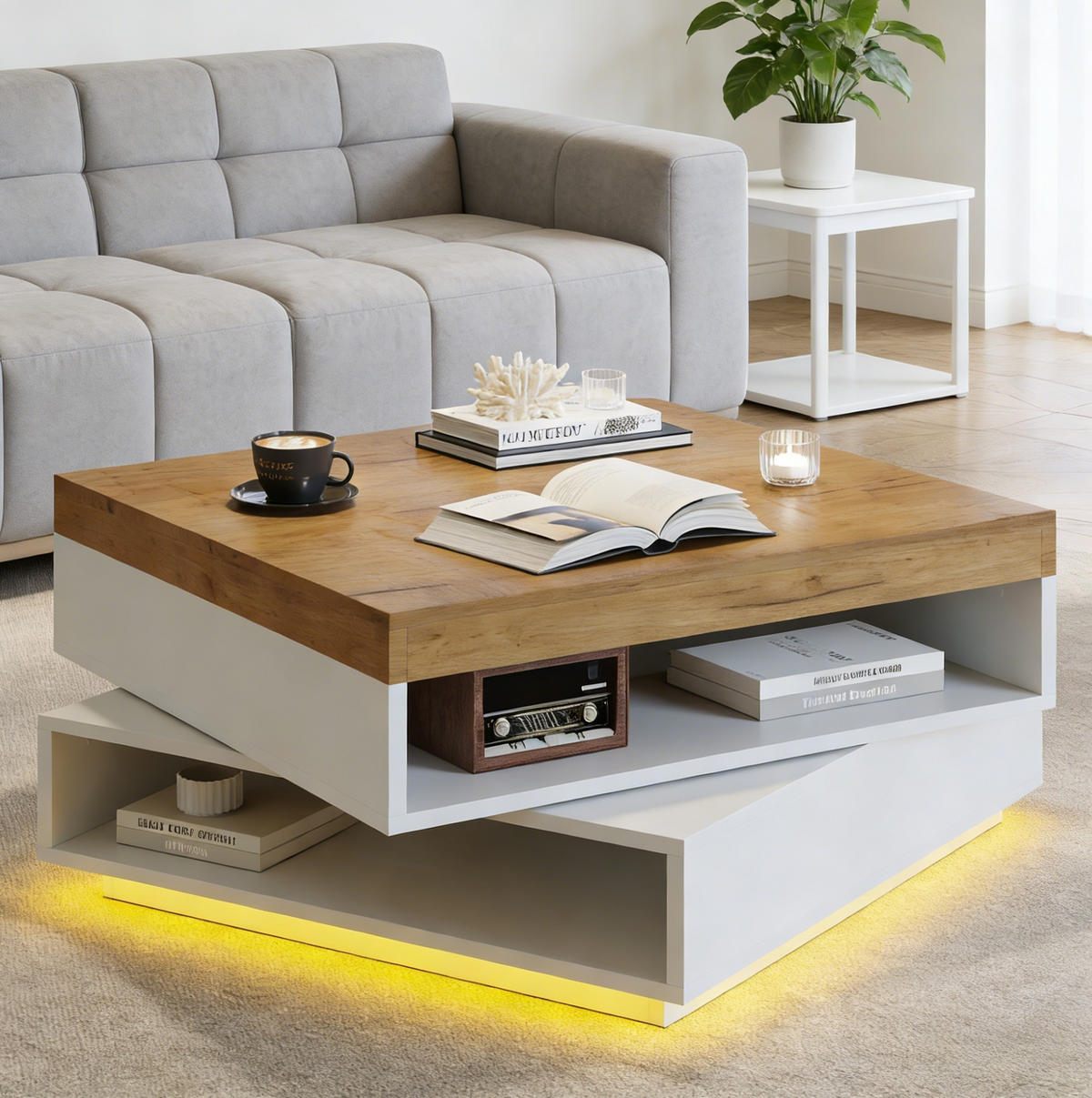 COUCHTISCH 65/65/40 cm Weiß/Holzton aus MDF mit 360° drehbarer Tischplatte und LED-Beleuchtung - Weiß, Holzwerkstoff (65/65/40cm) - OKMYHOME